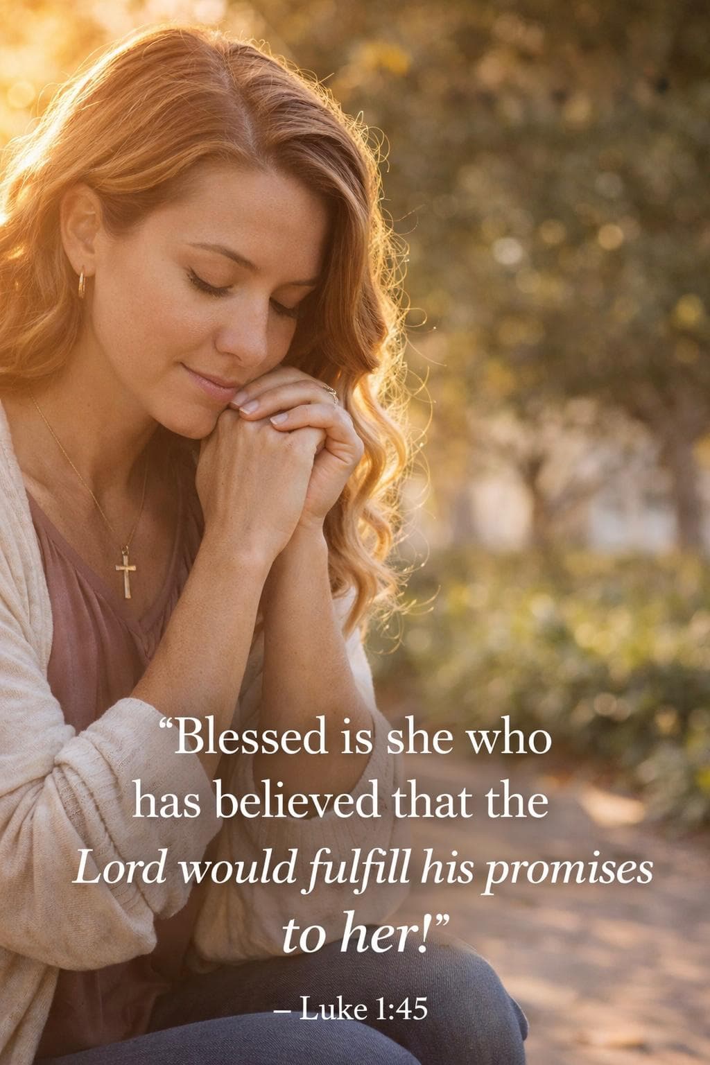 Woman in prayer; graphic includes Luke 1:45